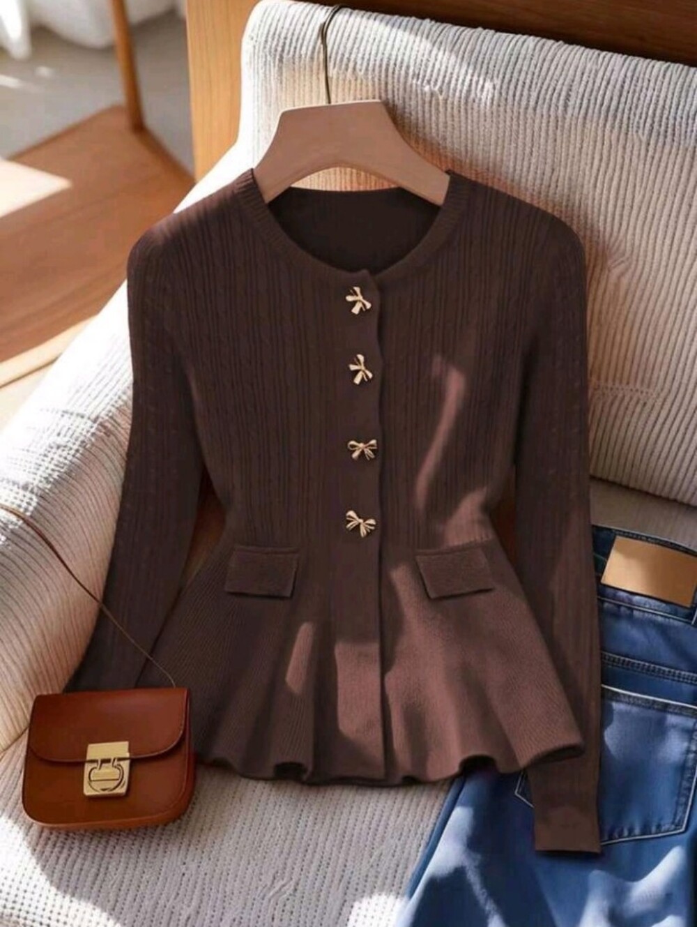 Elegant Chic Minimalist Hollow Out Round Neck Long Sleeve Ruffle Hem Pockets